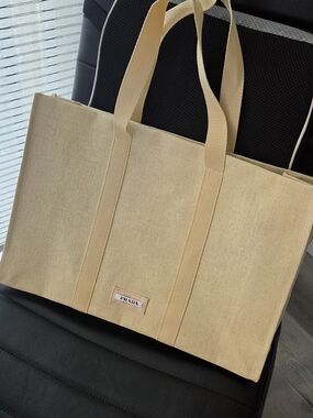Brand NEW PRADA BEAUTY Beige Canvas  Tote Beach Travel Tote Bag Lined LARGE